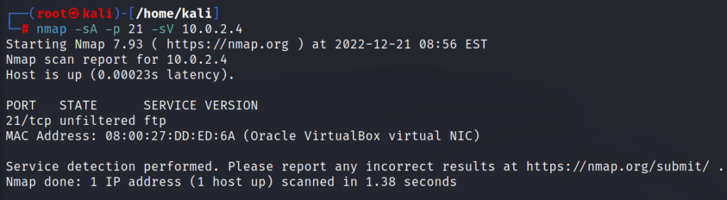 version details of ports with nmap in ack scan