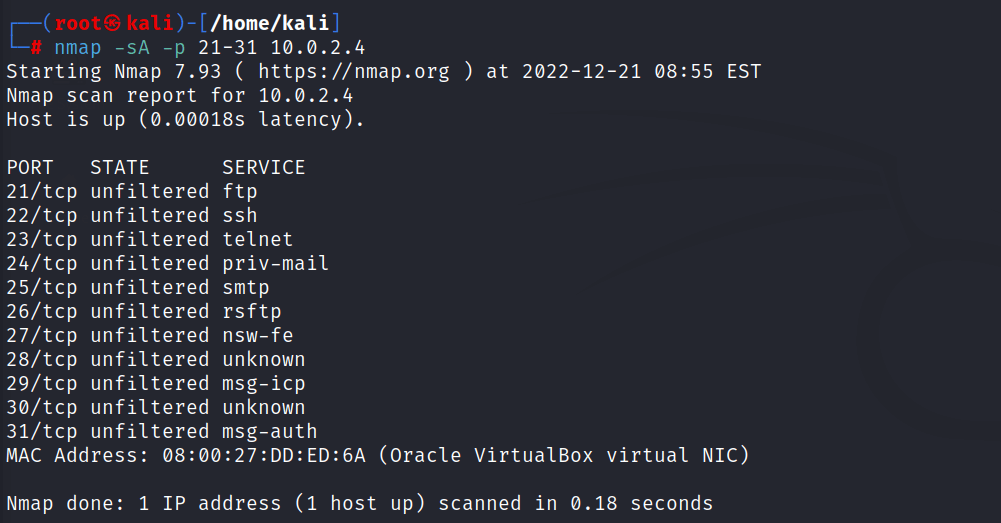 scanning range of ports with nmap in ACK scan