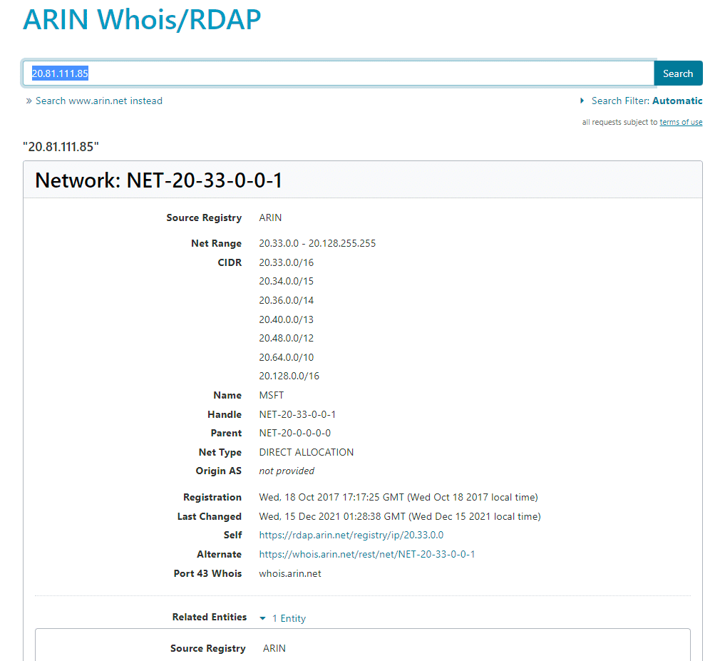 ARIN Whois database network footprinting