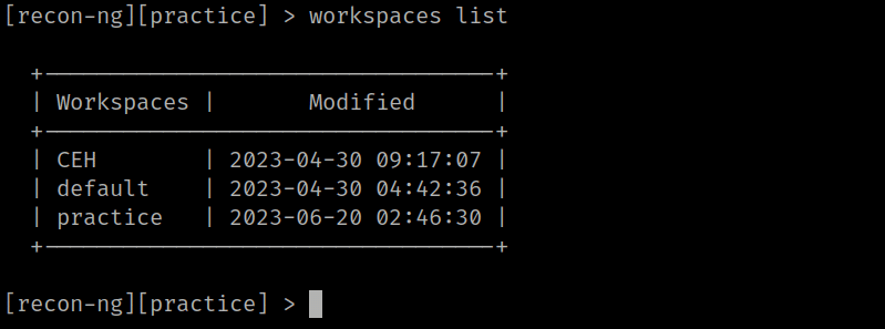 display workspaces list recon-ng
