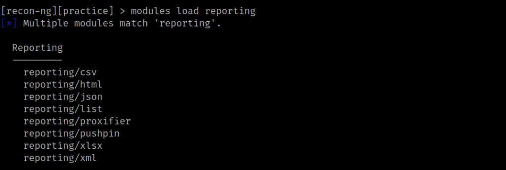recon-ng all reporting modules