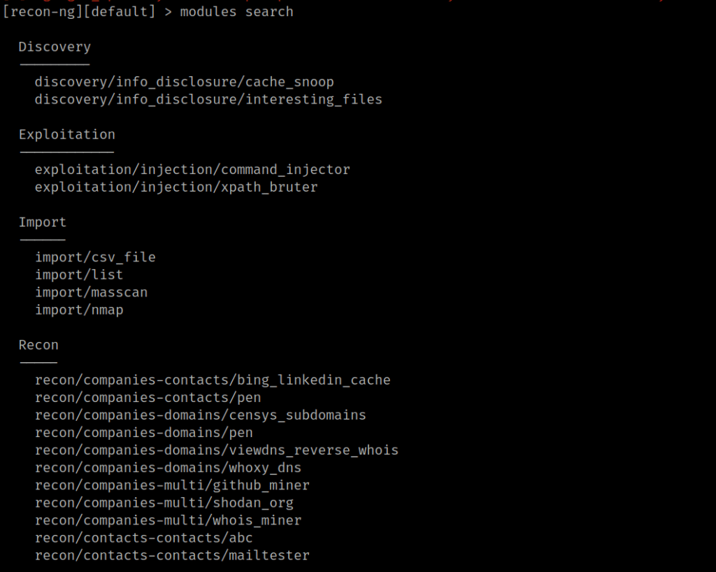 recon-ng module search
