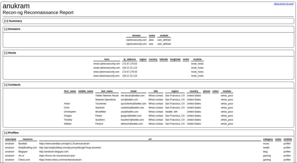 report result in recon-ng