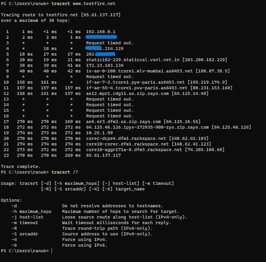 tracert tracerouting in windows