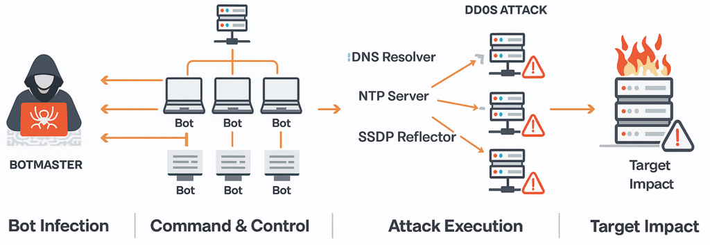 Bot Infection → Command & Control → Attack Execution → Target Impact → Availability Down