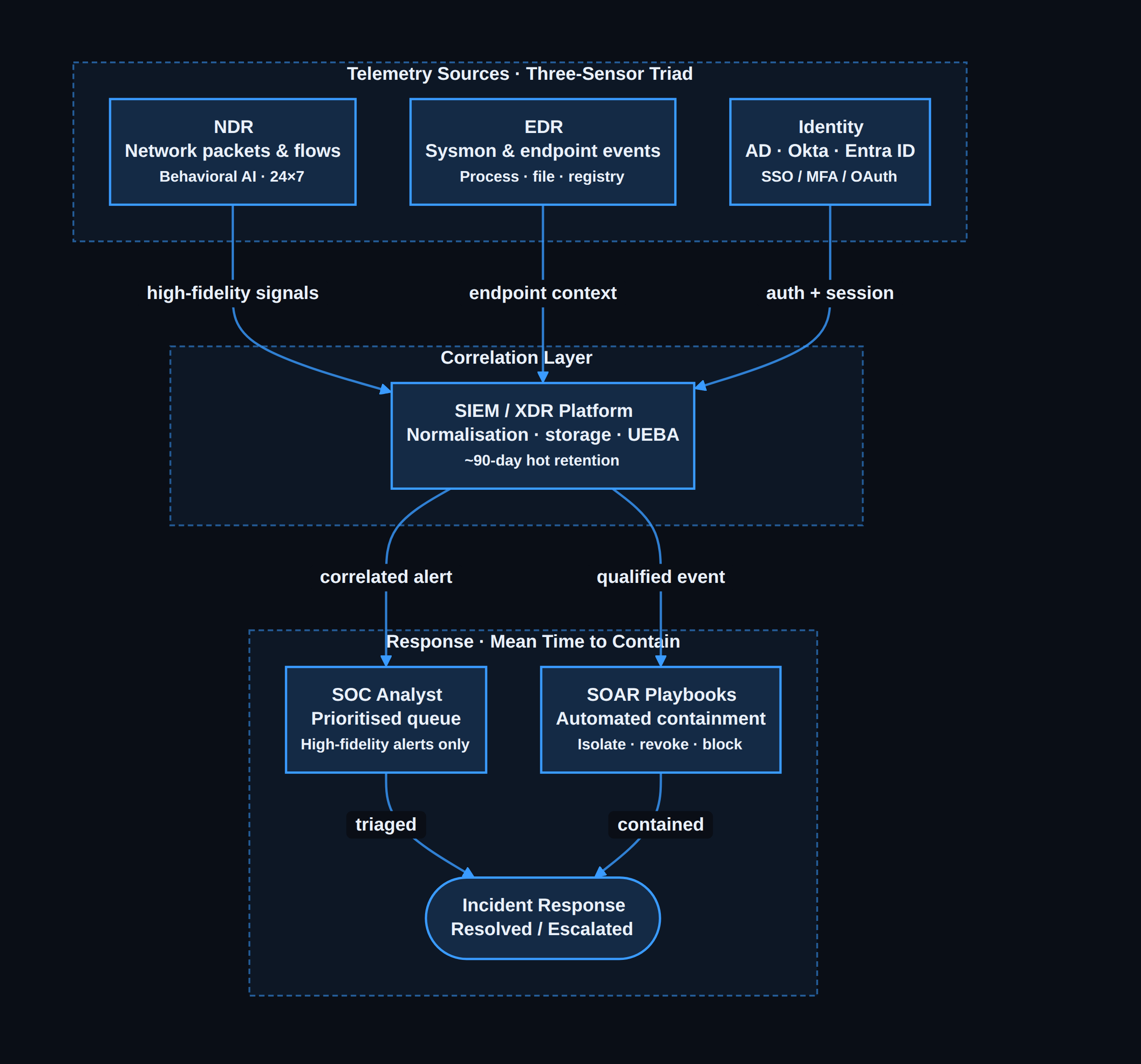 SOC Visibility Triad — NDR + EDR + Identity feed SIEM/XDR for correlated response